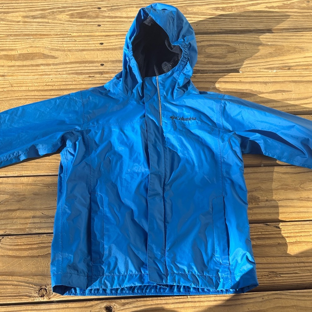 Columbia Bright Blue Kids' Hooded Rain Jacket With Velcro And Zipper.